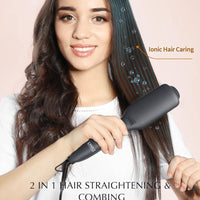 LANDOT Hair Straightener Brush Heated Straightening Brush: Rose Gold Negative Ion Hot Hair Brush for Smooth Frizz Free Hair - Ceramic Flat Iron Brush - Dual Voltage Fast Heating