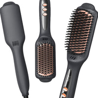 LANDOT Hair Straightener Brush Heated Straightening Brush: Rose Gold Negative Ion Hot Hair Brush for Smooth Frizz Free Hair - Ceramic Flat Iron Brush - Dual Voltage Fast Heating