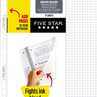 Five Star Insertable Loose Leaf Paper, Notebook Paper, Graph Paper to Add Pages, Reinforced Filler Paper, 8.5 x 11 (170014), White, 75 Sheets