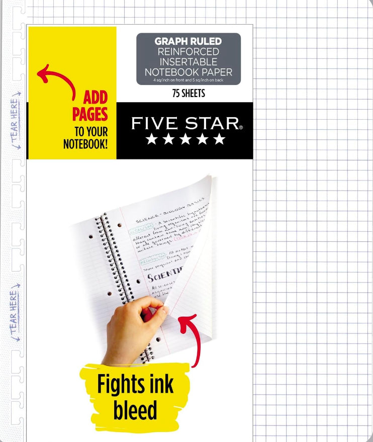 Five Star Insertable Loose Leaf Paper, Notebook Paper, Graph Paper to Add Pages, Reinforced Filler Paper, 8.5 x 11 (170014), White, 75 Sheets