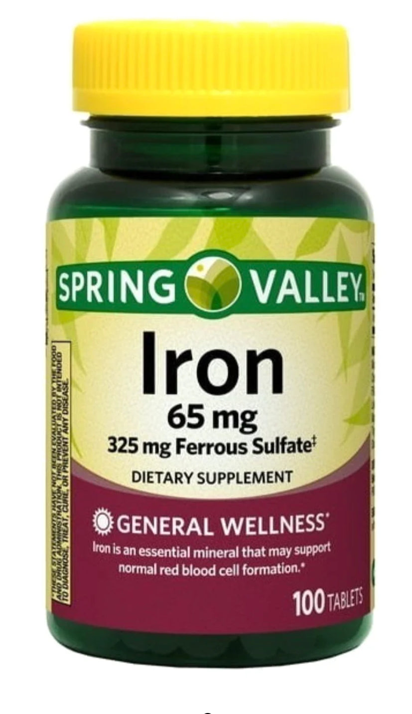 Spring Valley, Iron 65 mg 325 mg Ferrous Sulfate (100 Tablets) DLC: Mars25