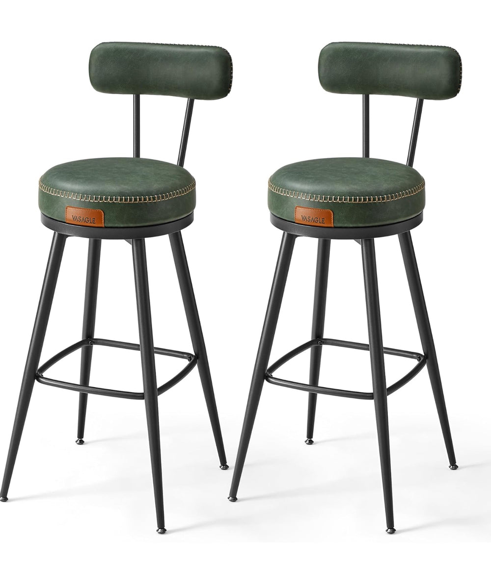 VASAGLE EKHO Collection - Bar Stools Set of 2, Counter Height Swivel Bar Stools with Back, Synthetic Leather with Stitching Ink Black