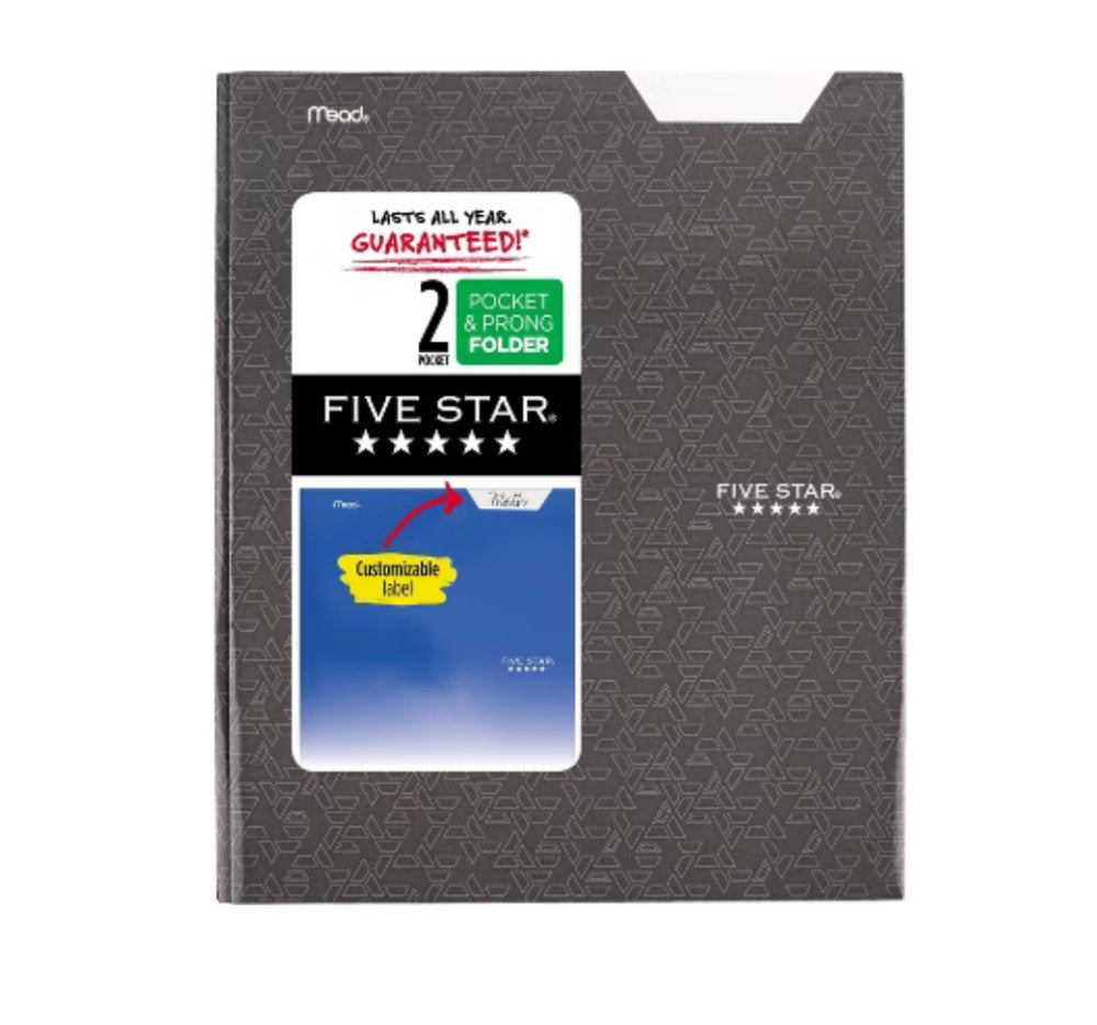 Five Star 2 Pocket Paper Folder with Prongs Gray