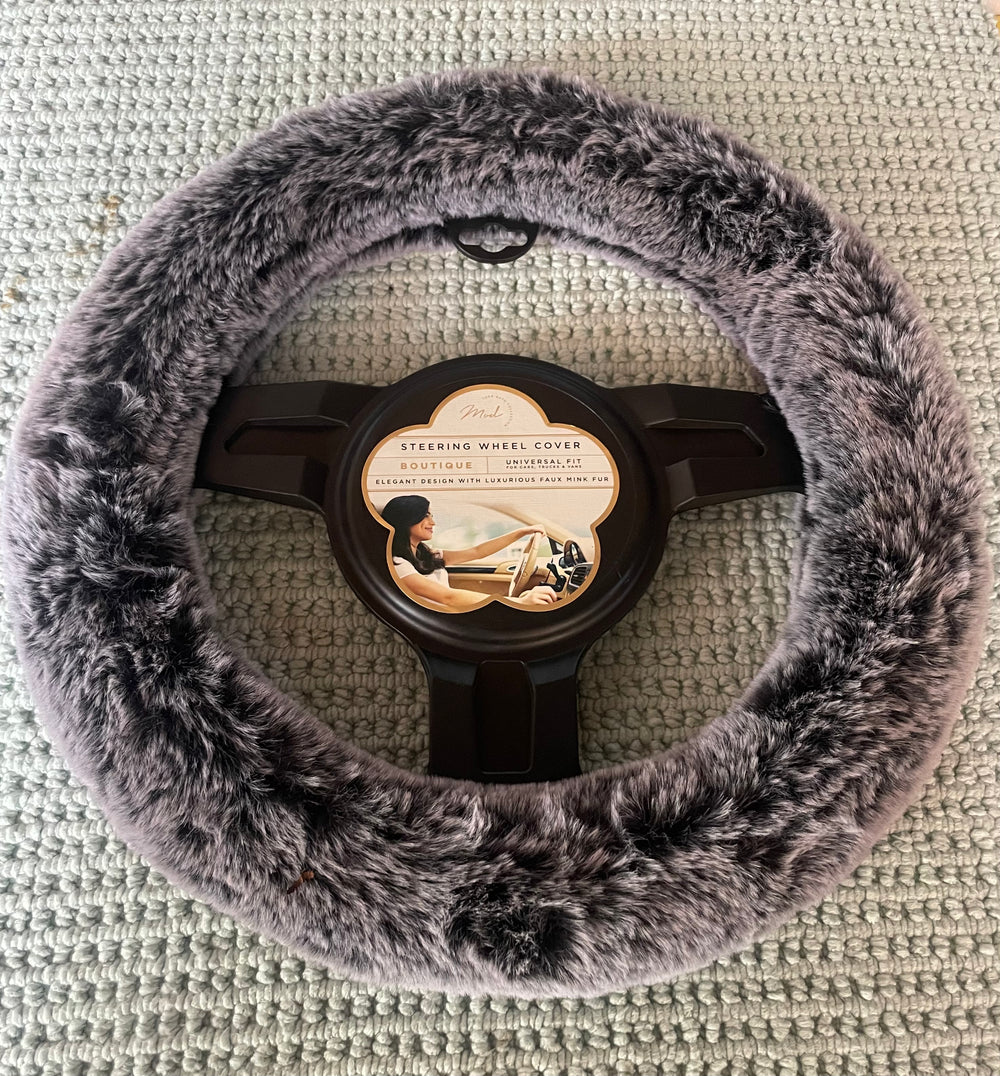 Grey & Black Plush Furry Steering Wheel Cover for 14