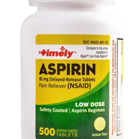 Timely - Low Dose Aspirin 81mg - 50 Tablets - Compared to the active ingredient in Bayer Low Dose - Enteric Coated Low Strength - Pain Reliever for Minor Aches and Pains, Fever Reducer - Made in USA