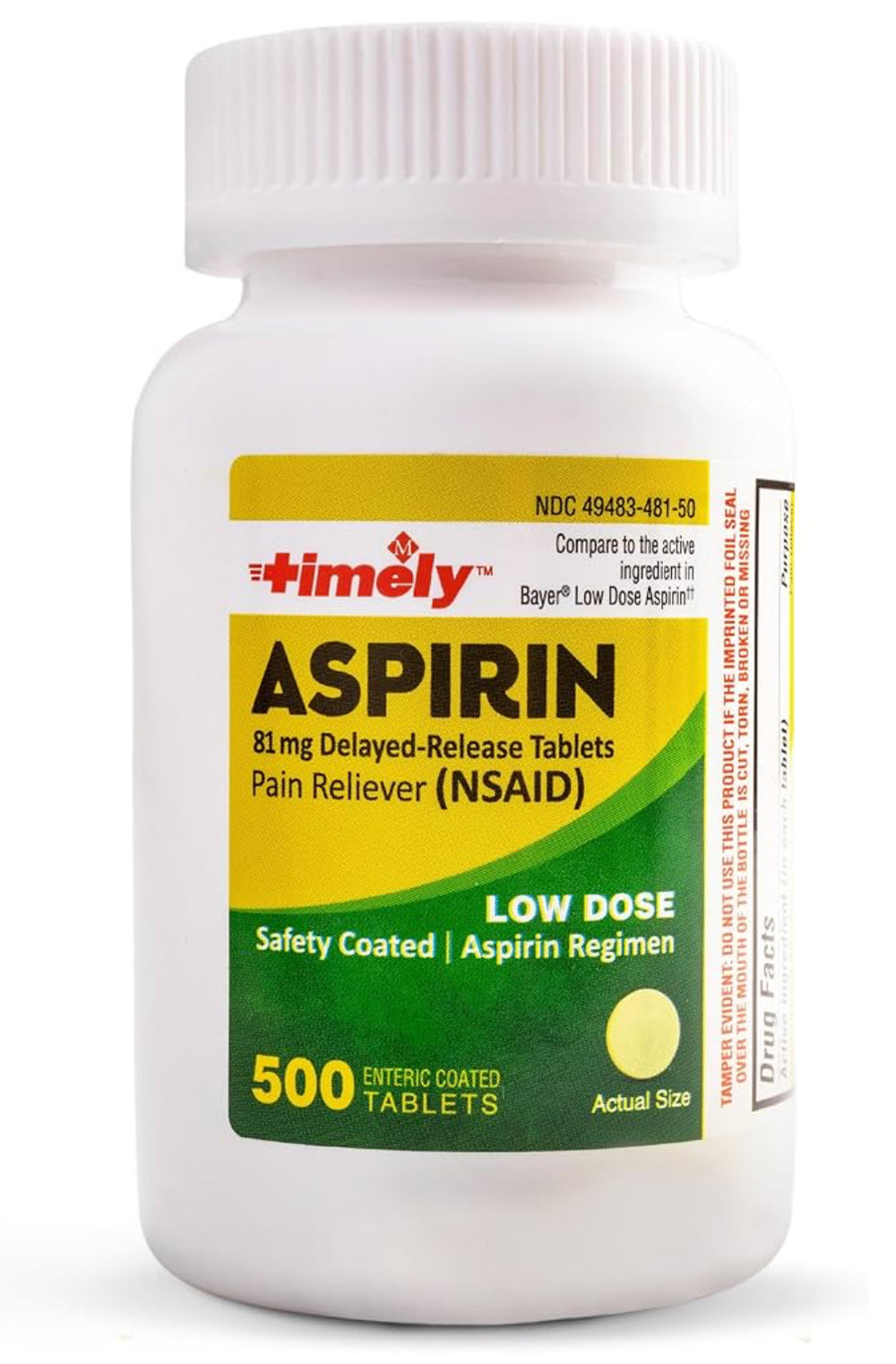 Timely - Low Dose Aspirin 81mg - 50 Tablets - Compared to the active ingredient in Bayer Low Dose - Enteric Coated Low Strength - Pain Reliever for Minor Aches and Pains, Fever Reducer - Made in USA