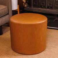 
              19" Round Pouf Ottoman Camel Brown Leather - WOVENBYRD
            