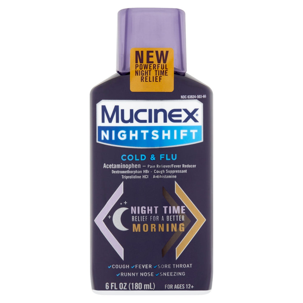 Mucinex Night Shift Cold & Flu Acetaminophen 180ml DLC: MAR25