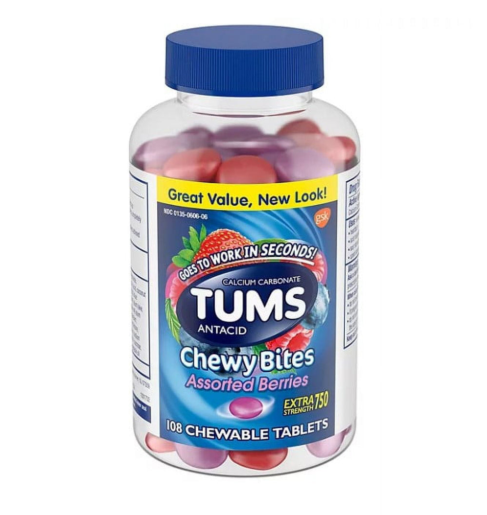 TUMS Chewy Bites Chewable Antacid Tablets for Heartburn Relief, Assorted Berries (108 ct.)