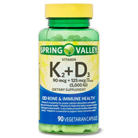 
              Spring Valley Vitamin K2 (90mcg) + D3 (125mcg) Vegetarian Capsules, 90 Count DLC: Août 2026
            