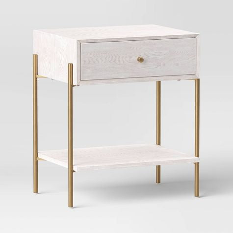 Natural Luxe Accent Table Off-White (KD) - Threshold: Gold Metal Frame, Storage Drawer & Shelf