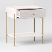 
              Natural Luxe Accent Table Off-White (KD) - Threshold: Gold Metal Frame, Storage Drawer & Shelf
            