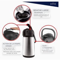 HTH Thermos Flask Push Jugs Double Wall Stainless Steel Vacuum Flask 3L