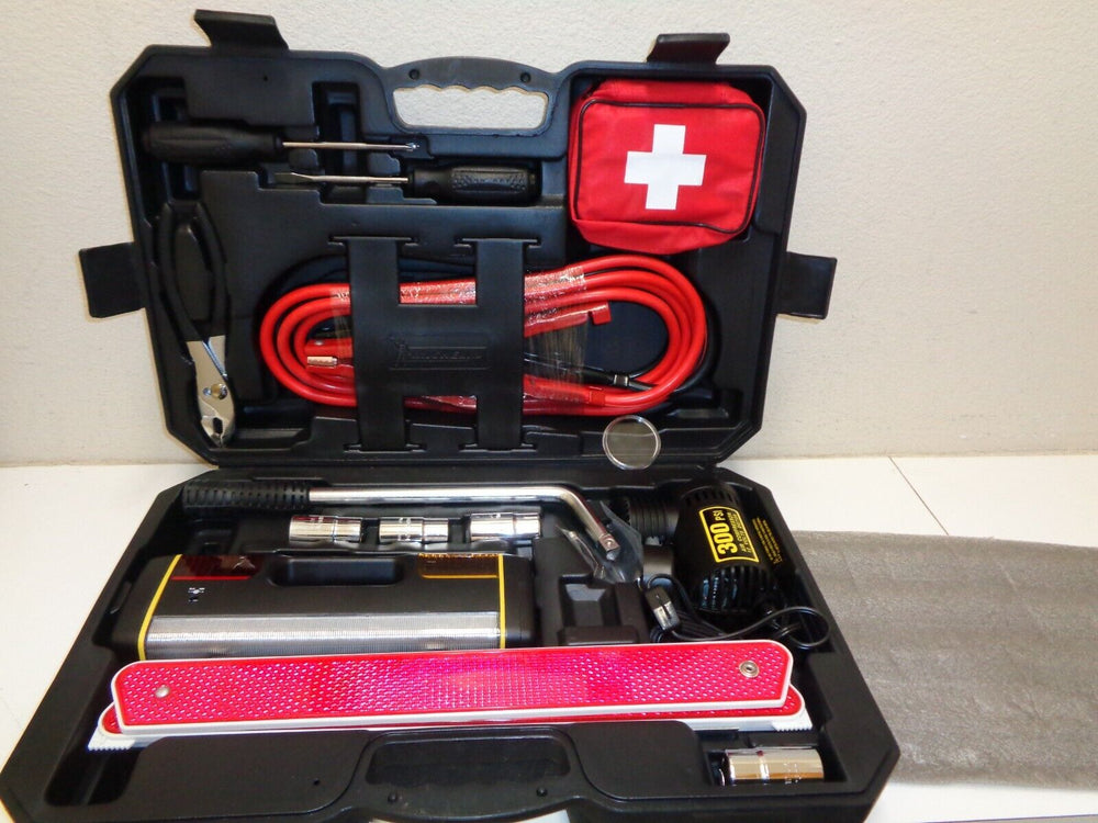 Car Emergency Roadside Tool Kit With Portable Air Compressor Jumper Cables Etc.