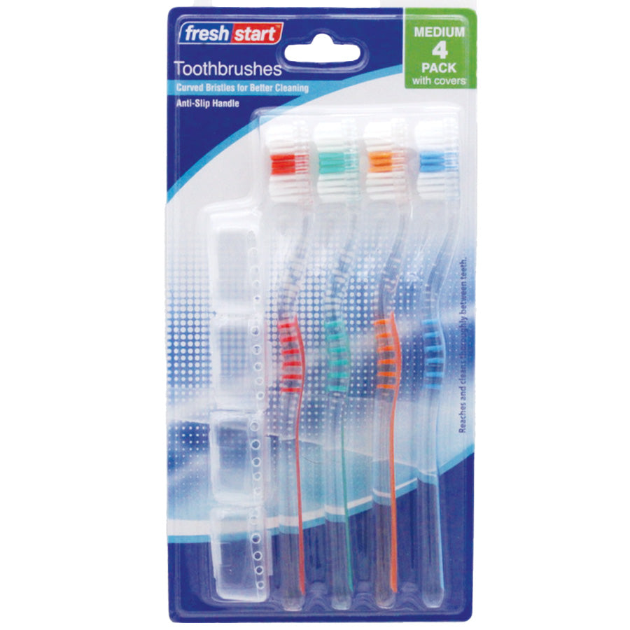 Fresh Start Toothbrush 4 Pack + 4 Caps Medium Assorted Translucent Colors