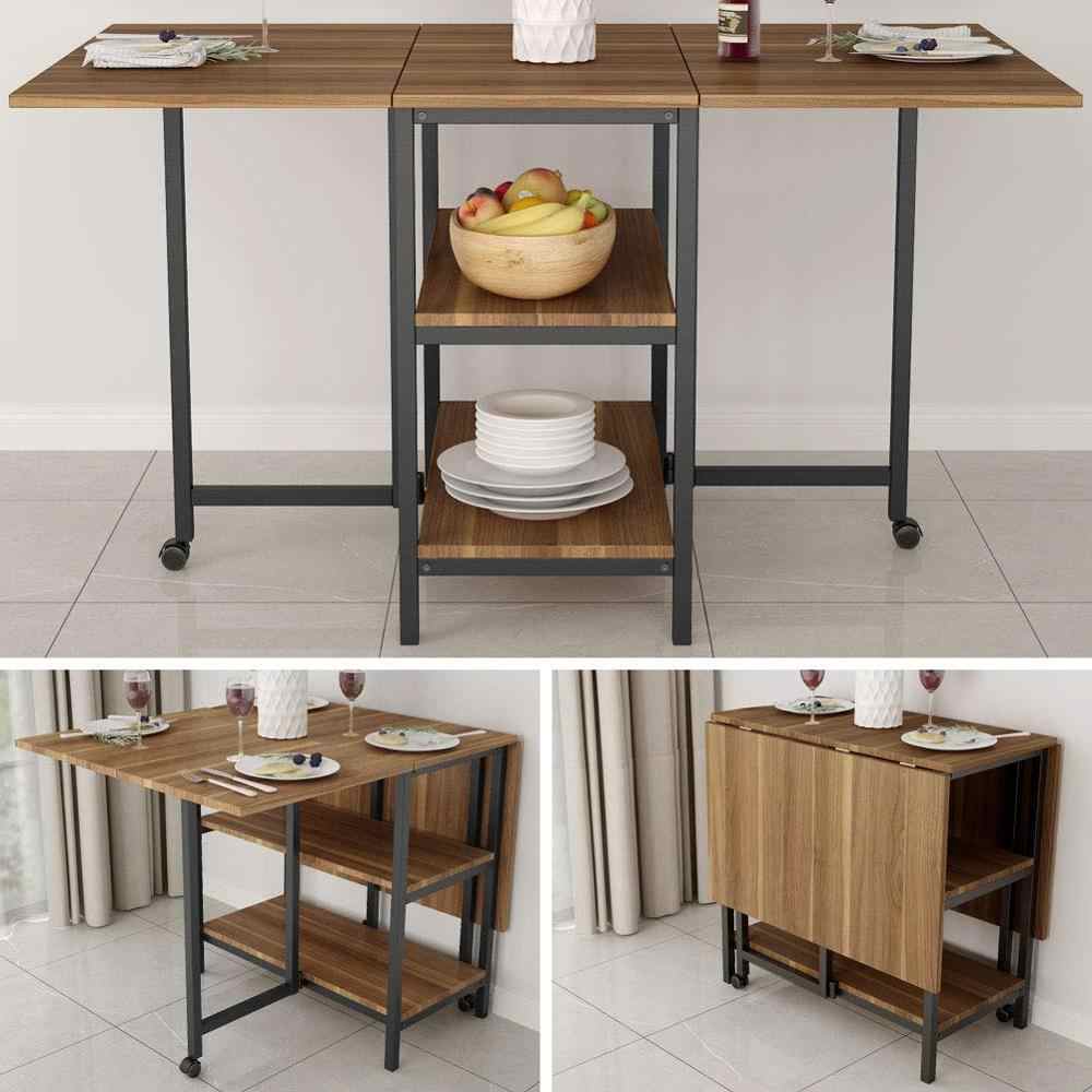 Folding Dining Table Expandable Double Drop Leaf 2-Tier Storage Shelf 2 Lockable Casters Home Kitchen Use