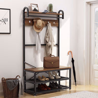 Tribesigns Vintage 4 in 1 Hall Tree with Storage Bench, 3-Tier Industrial Entryway Bench with Coat Rack and Hanging Bar, Coat Rack Stand with Shoe Rack, Storage Shelf and 5 Hooks (Rustic)