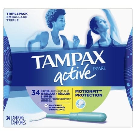 Tampax Pearl Active Tampons TriplePack, Light/Reg/Sup, Unscented, 34 ct. MOUA