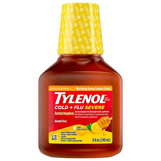 Tylenol Cold + Flu Severe, Day, Warming Honey Lemon Flavor, For Adults 8 Fl Oz ( 240mL ) DLC: 03/2026