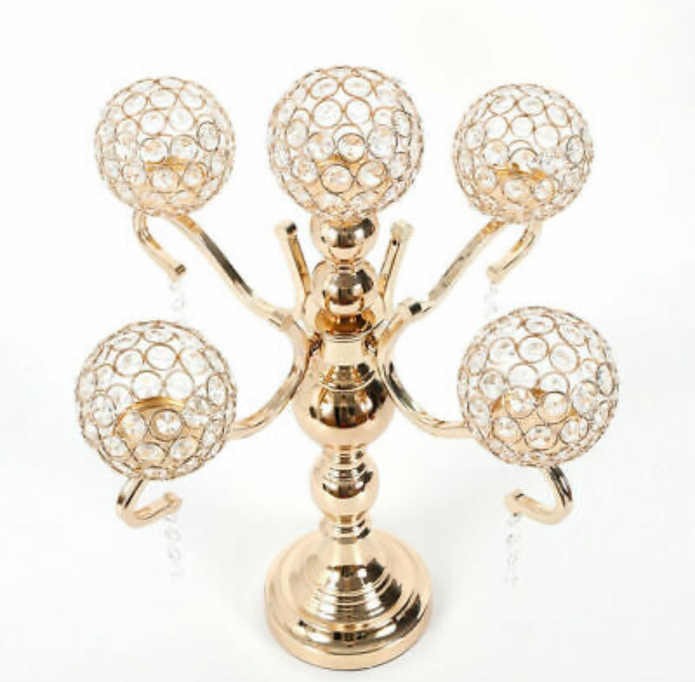 Gold 5 Arm Crystal Candelabra Votive Candle Holders Wedding Centerpieces