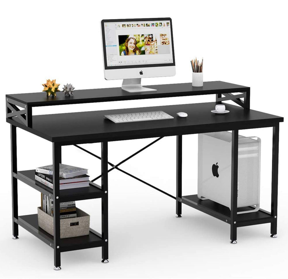 Tribesgns 55 inch Large Modern Office Desk/Computer Table with Storage Shelves (Teak)